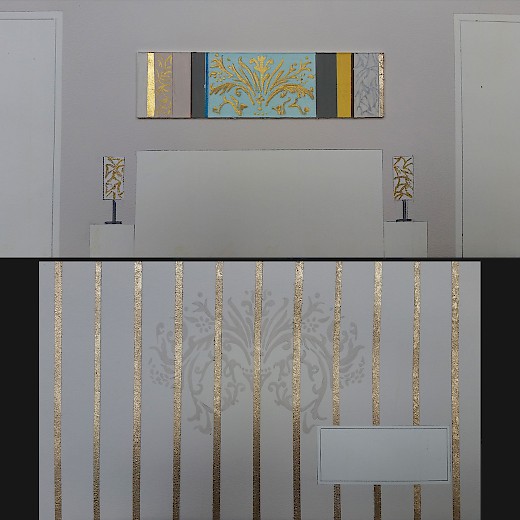 Wiederkehrendes barockes Gold-Ornament in den Schlafzimmer-Entwürfen: oben im Bild über dem Bett und den Lampenschirmen, unten als Hintergrund der Seitenwände